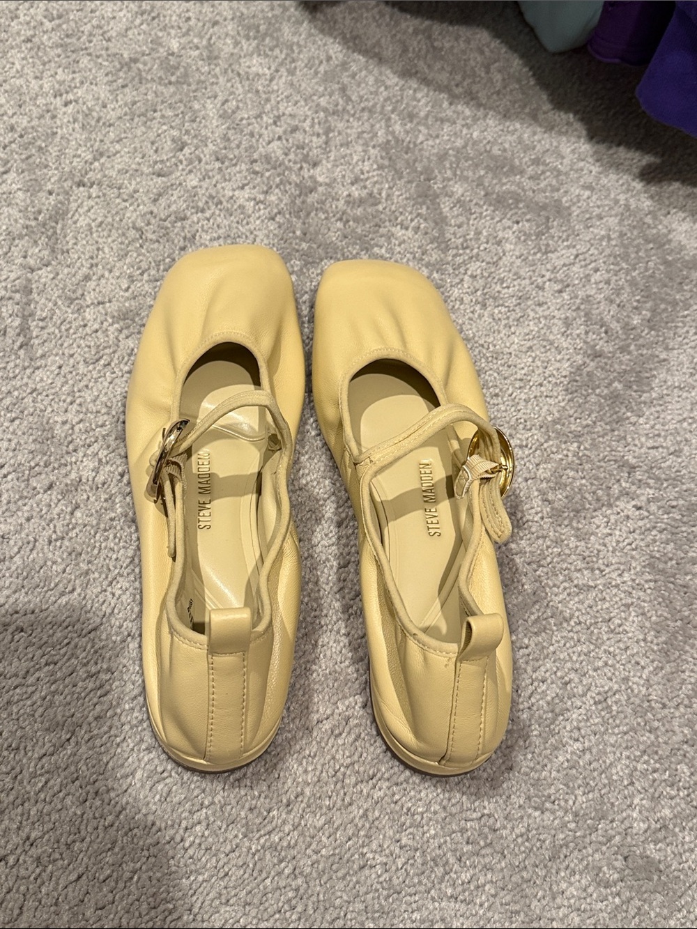 Steve Madden Pale Yellow Mary Jane Flats with Gold Buckles